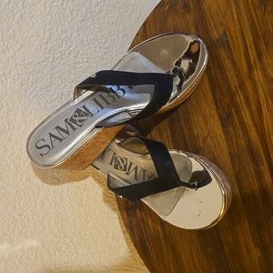 Sam & Libby Womens Black tong cork platform Wedge Sandals Silver CUTE! Sz.7